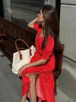 Polka Dots Split Hem Puff Sleeve A-line Midi Dress -Women's Clothing Shop P 20240620115231300 697