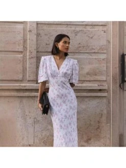 Disty Floral Printing V Neck Short Sleeve Dress