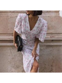 Disty Floral Printing V Neck Short Sleeve Dress -Women's Clothing Shop P 20240620143642816 913