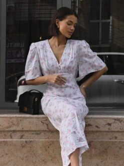 Disty Floral Printing V Neck Short Sleeve Dress -Women's Clothing Shop P 20240620143646217 892