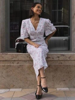 Disty Floral Printing V Neck Short Sleeve Dress -Women's Clothing Shop P 20240620143647599 639