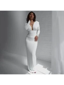 Ruched V Neck Backless Fitted Maxi Dress