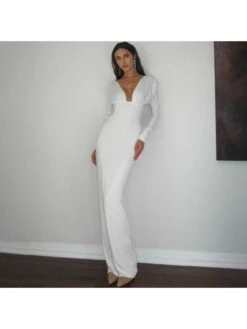 Ruched V Neck Backless Fitted Maxi Dress -Women's Clothing Shop P 20240620190826669 849