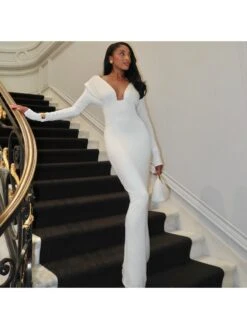 Ruched V Neck Backless Fitted Maxi Dress -Women's Clothing Shop P 20240620190827715 104