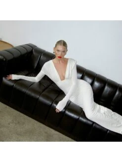 Ruched V Neck Backless Fitted Maxi Dress -Women's Clothing Shop P 20240620190831592 994