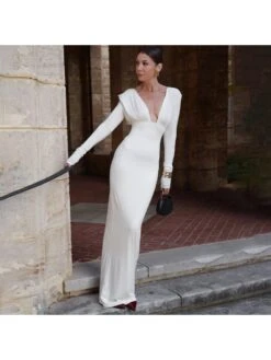 Ruched V Neck Backless Fitted Maxi Dress -Women's Clothing Shop P 20240620190832106 386