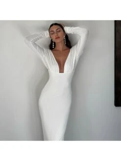 Ruched V Neck Backless Fitted Maxi Dress -Women's Clothing Shop P 20240620190832642 362