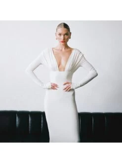 Ruched V Neck Backless Fitted Maxi Dress -Women's Clothing Shop P 20240620190833356 396