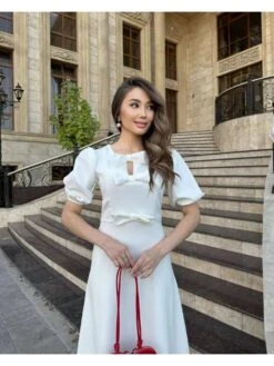 Bow Crewneck Puff Sleeve Short Sleeve Maxi Dress -Women's Clothing Shop P 20240621094011173 784