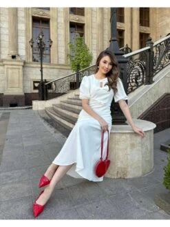 Bow Crewneck Puff Sleeve Short Sleeve Maxi Dress -Women's Clothing Shop P 20240621094011884 483