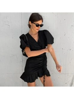 Solid Color Drawstring Puff Sleeve Dress -Women's Clothing Shop P 20240621102412070 813