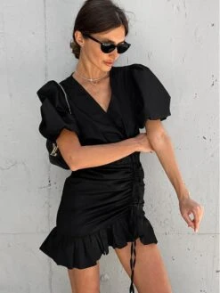 Solid Color Drawstring Puff Sleeve Dress -Women's Clothing Shop P 20240621102414021 939