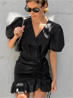 Solid Color Drawstring Puff Sleeve Dress -Women's Clothing Shop P 20240621102415235 620