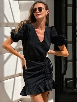 Solid Color Drawstring Puff Sleeve Dress -Women's Clothing Shop P 20240621102415895 418