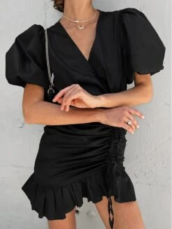 Solid Color Drawstring Puff Sleeve Dress -Women's Clothing Shop P 20240621102416536 532