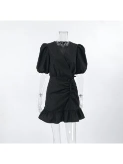 Solid Color Drawstring Puff Sleeve Dress -Women's Clothing Shop P 20240621102417066 432