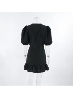 Solid Color Drawstring Puff Sleeve Dress -Women's Clothing Shop P 20240621102417548 848
