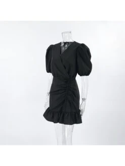 Solid Color Drawstring Puff Sleeve Dress -Women's Clothing Shop P 20240621102418006 486