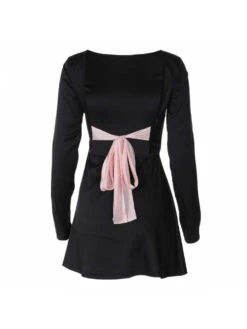 Colorblock Tie-wrap Backless Long Sleeves Dress -Women's Clothing Shop P 20240621140828592 502