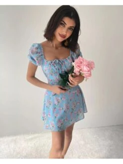 Tie-wrap Print A-line Short Sleeve Midi Dress -Women's Clothing Shop P 20240621171202638 308