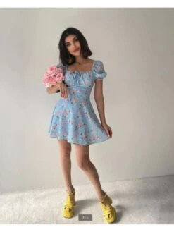 Tie-wrap Print A-line Short Sleeve Midi Dress -Women's Clothing Shop P 20240621171203189 665