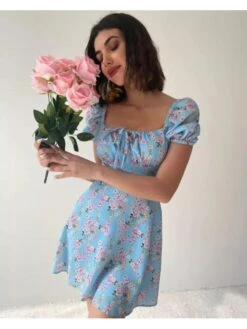 Tie-wrap Print A-line Short Sleeve Midi Dress -Women's Clothing Shop P 20240621171203674 442