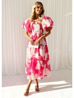 Colorblock Boat Neck Puff Sleeve Short Sleeve Dress -Women's Clothing Shop P 20240621172013836 356