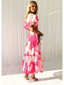 Colorblock Boat Neck Puff Sleeve Short Sleeve Dress -Women's Clothing Shop P 20240621172014594 114