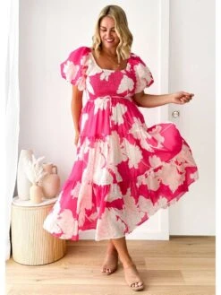 Colorblock Boat Neck Puff Sleeve Short Sleeve Dress -Women's Clothing Shop P 20240621172015445 709