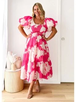 Colorblock Boat Neck Puff Sleeve Short Sleeve Dress -Women's Clothing Shop P 20240621172016192 473