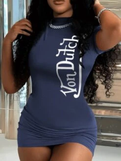 Letter Printed Bodycon Short Sleeve Dress