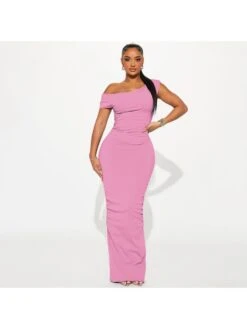Plain Inclined Shoulder Ruched Maxi Dress