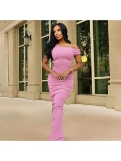 Plain Inclined Shoulder Ruched Maxi Dress -Women's Clothing Shop P 20240621191226877 709