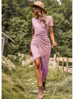 Irregular Patchwork Ruched Short Sleeve Dress -Women's Clothing Shop P 20240622095216979 378