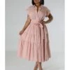 Solid Color Waist Tie A-line Short Sleeve Dress -Women's Clothing Shop P 20240622112427404 456