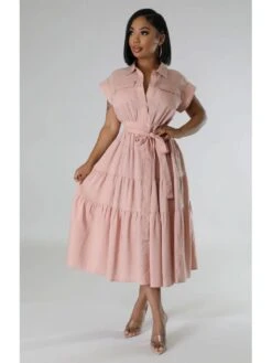 Solid Color Waist Tie A-line Short Sleeve Dress