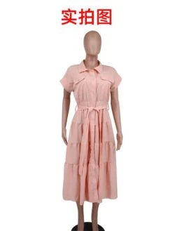 Solid Color Waist Tie A-line Short Sleeve Dress -Women's Clothing Shop P 20240622112428808 412