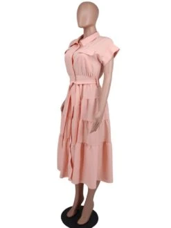 Solid Color Waist Tie A-line Short Sleeve Dress -Women's Clothing Shop P 20240622112429300 114