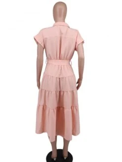 Solid Color Waist Tie A-line Short Sleeve Dress -Women's Clothing Shop P 20240622112429790 553