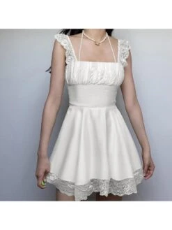 Patchwork Ruched Lace Square Neck Dress -Women's Clothing Shop P 20240622124401956 419