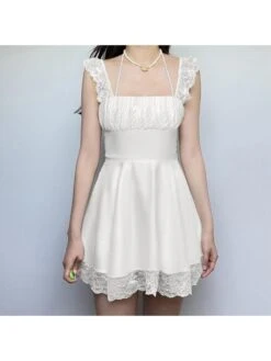 Patchwork Ruched Lace Square Neck Dress -Women's Clothing Shop P 20240622124404503 382