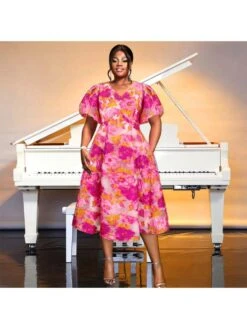 Patchwork Crewneck Lantern Sleeve Short Sleeve Dress