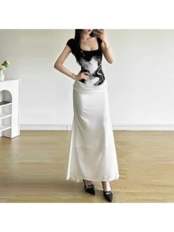 Patchwork Square Neck A-line Short Sleeve Dress -Women's Clothing Shop P 20240624143605375 662