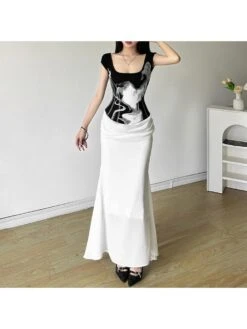 Patchwork Square Neck A-line Short Sleeve Dress -Women's Clothing Shop P 20240624143606007 350