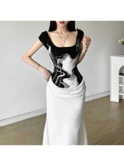 Patchwork Square Neck A-line Short Sleeve Dress -Women's Clothing Shop P 20240624143607234 446