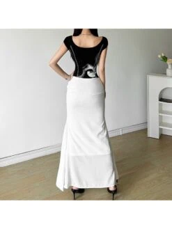 Patchwork Square Neck A-line Short Sleeve Dress -Women's Clothing Shop P 20240624143608457 887