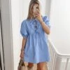 Solid Color Lace Up Patchwork Puff Sleeve Dress -Women's Clothing Shop P 20240624154417217 551