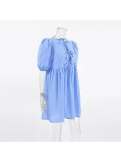 Solid Color Lace Up Patchwork Puff Sleeve Dress -Women's Clothing Shop P 20240624154418863 945