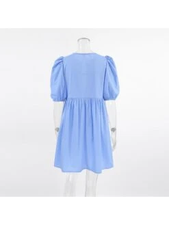 Solid Color Lace Up Patchwork Puff Sleeve Dress -Women's Clothing Shop P 20240624154419493 575