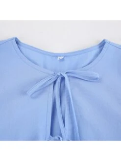 Solid Color Lace Up Patchwork Puff Sleeve Dress -Women's Clothing Shop P 20240624154420012 545